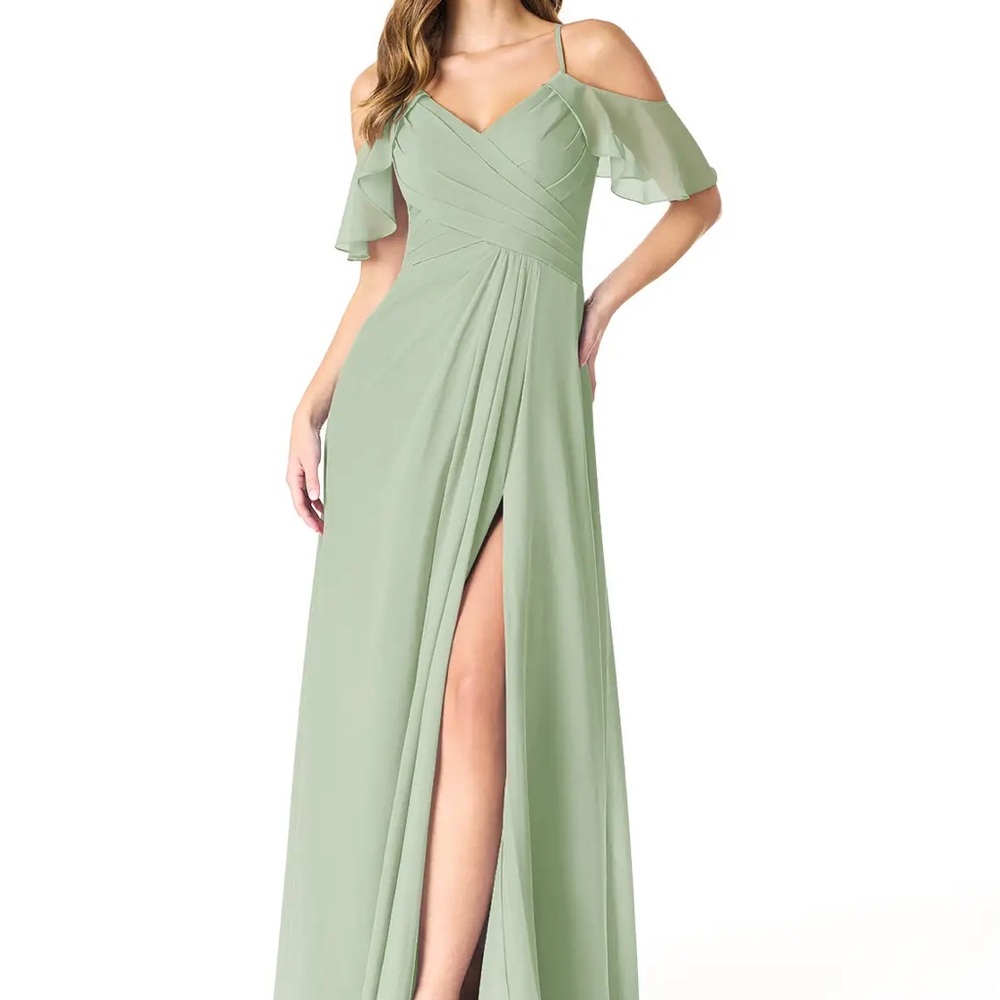 Azazie Dakota Dusty Sage Cold Shoulder Maxi Bridesmaid Dress
